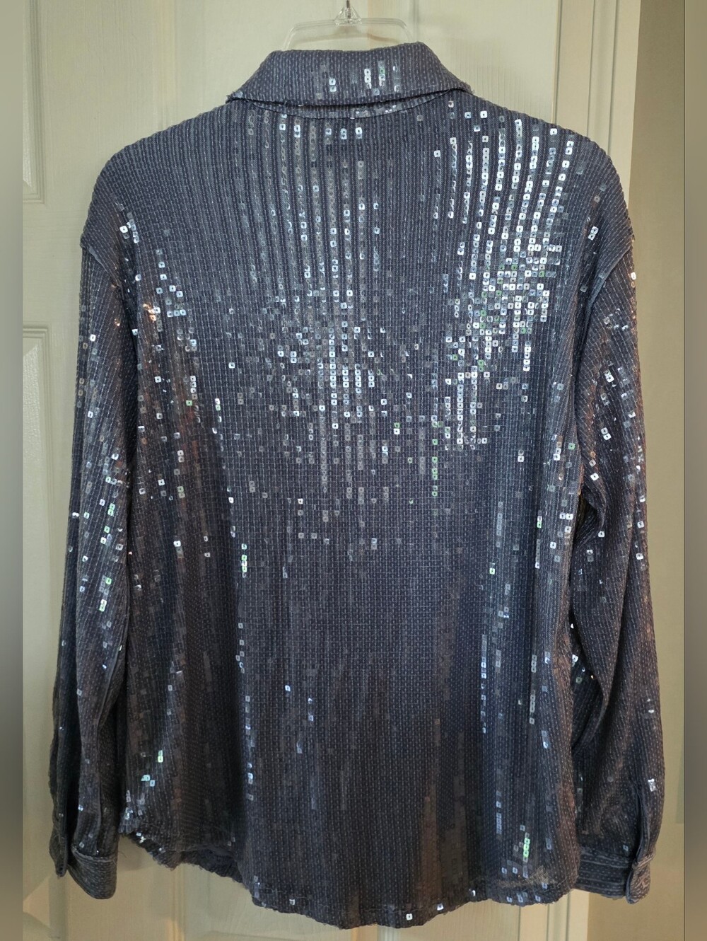 NWT Rachel Zoe Silver Blue Gray Sequin Button Shirt Jacket Medium - Picture 4 of 14